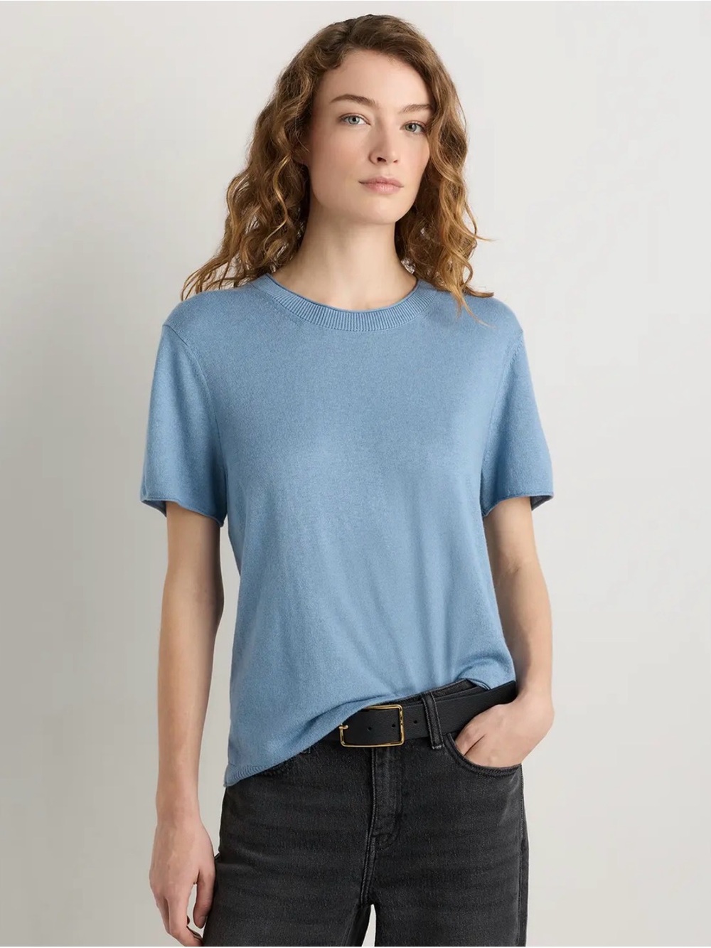 Quince Lightweight Cotton Cashmere Sweater Tee Blue Relaxed Knit Top NWT